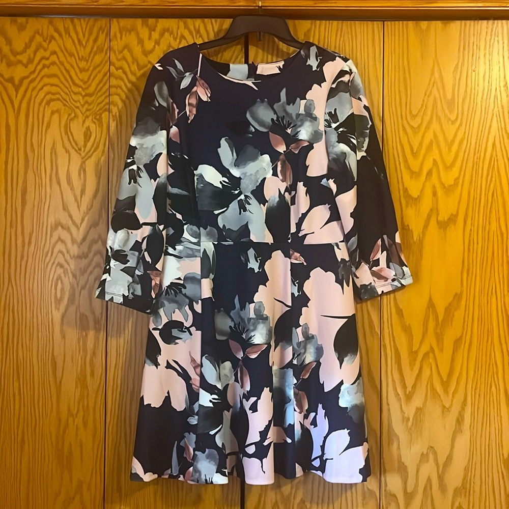 Navy/pink floral fit n flare dress